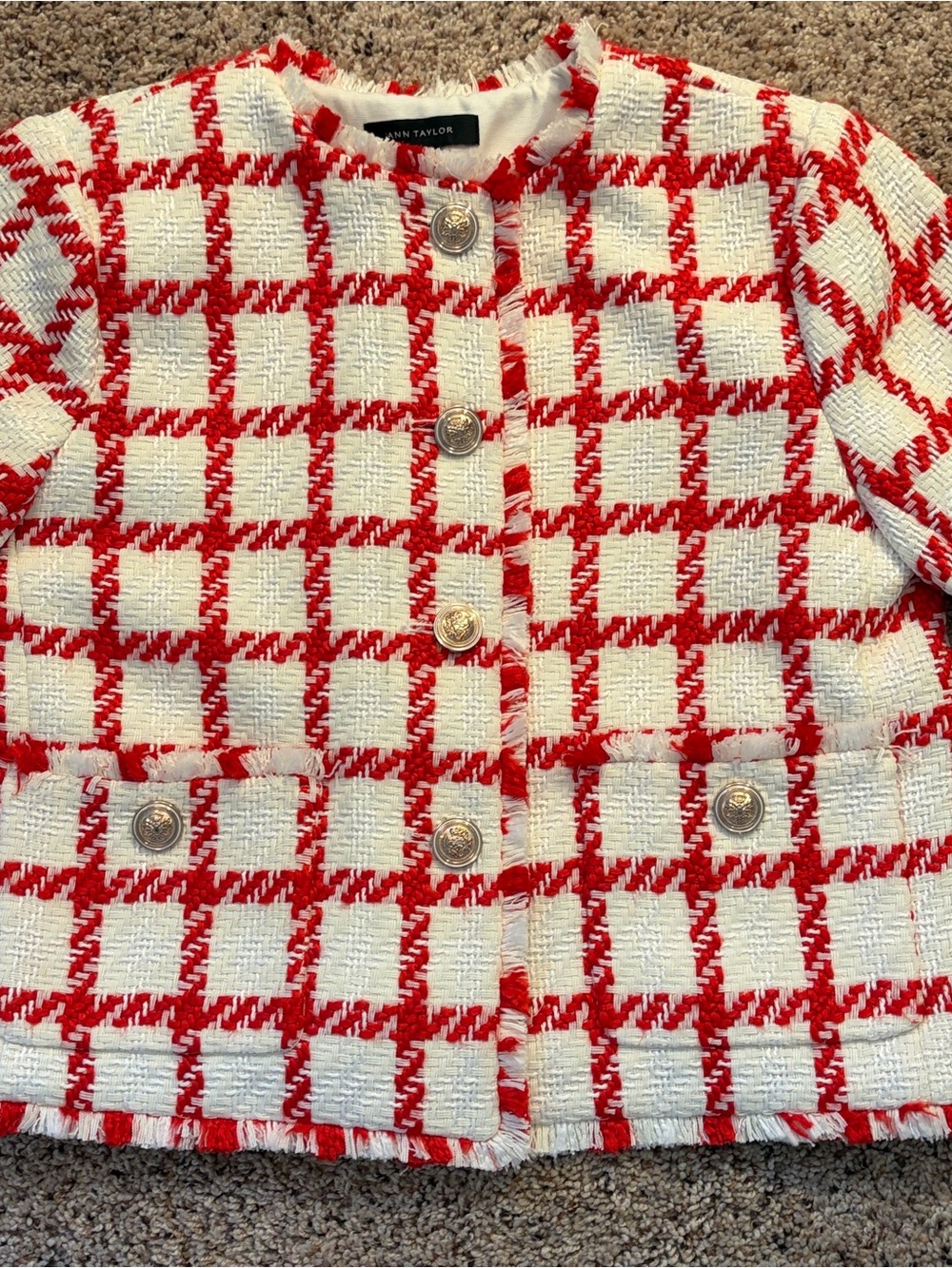 Ann Taylor Ladies Red & Cream Tweed Gold Button Jacket